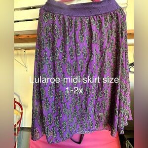 LuLaRoe Purple Feather Pattern Midi Skirt